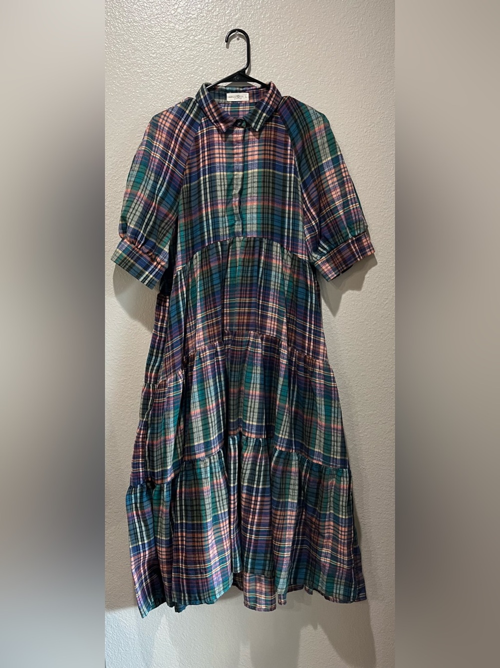 NATURAL LIFE Plaid tiered Midi Dress in Teal Navy Pink Short Sleeve Sz L Boho - Picture 1 of 9